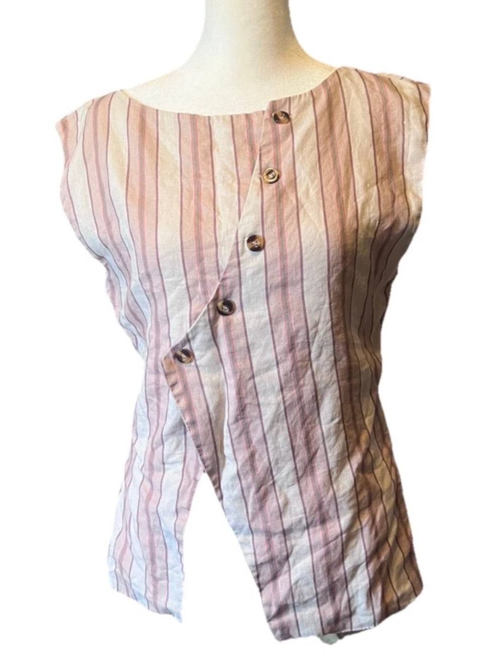 VRG GRL Pink Striped Asymmetrical Button Front Sleeveless Linen Vest Women’s 8